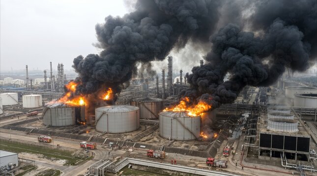 Smoke billowing from multiple storage tanks at a chemical plant. Fire trucks responding to a major industrial disaster with intense flames and toxic emissions.