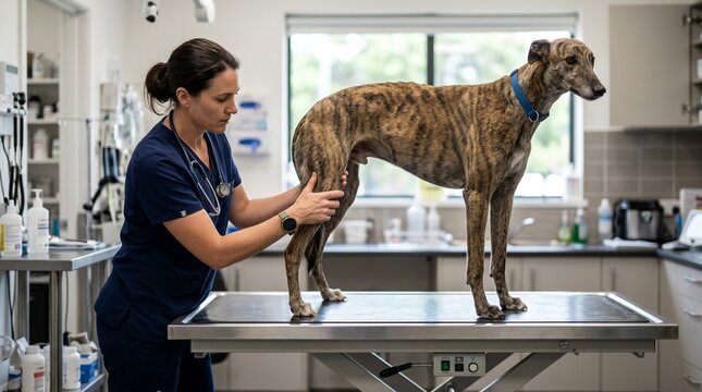 Female veterinarian in scrubs examining a brindle greyhound dog on an examination table during a routine check-up at a modern veterinary clinic