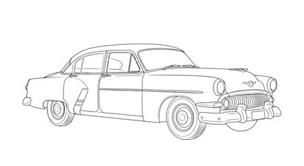 Fototapeta premium Outline drawing of a vintage 1950s sedan car on a white background retro classic