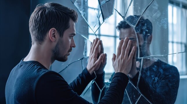 Young adult man touching shattered mirror while looking at his distorted reflection. Mental health and identity crisis concept in moody indoor setting.
