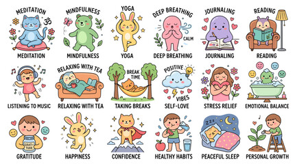 Obraz premium Cute Characters Practicing Self-Care and Wellness Activities Featuring Meditation, Mindfulness, Yoga with Deep Breathing