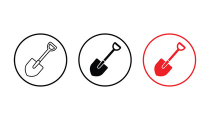 Professional gardening shovel tool icons in black and red outline and silhouette variations for landscaping construction or agricultural industry websites isolated on a clean white background format © TARU STOCKPLC