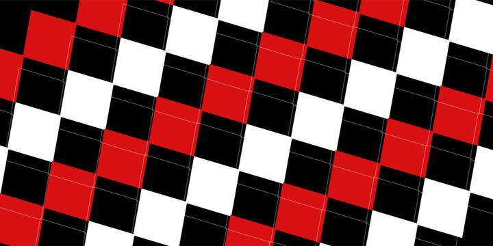 Harlequin red and black seamless pattern. Argyle diamond fabric texture. Classic lozenge simple background with gold line. Joker venetian rhombus carnival ornament bg. Vector design illustration.