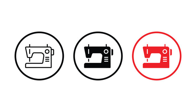 Manual sewing machine icons with needle and thread detail in black and red styles for textile and tailoring industry websites isolated on a clean white background for high quality design