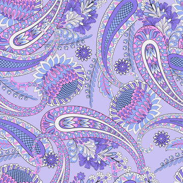 Turkish Cucumber Paisley seamless vector pattern in traditional Oriental style. Decorated with flowers, leaves, and fantasy elements, for fabric, textile and wallpaper covers