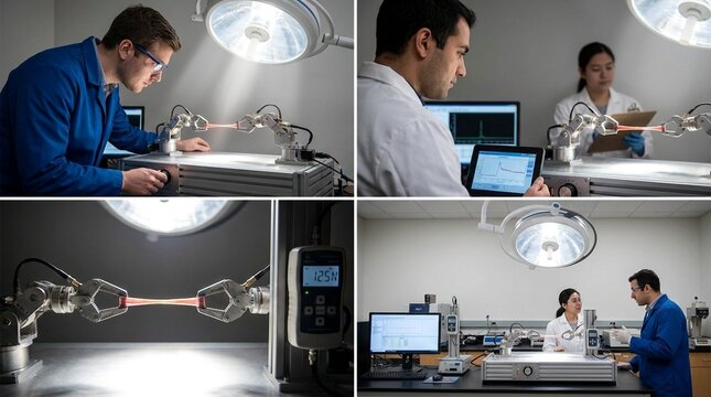 Scientists and engineers meticulously test tensile strength of advanced materials using robotic equipment and digital displays in a modern research laboratory