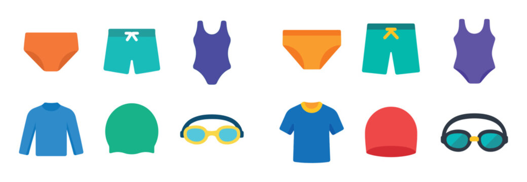 Swimwear icons with briefs goggles swimsuit flat
