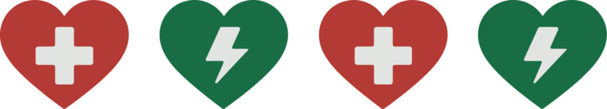 Automated external defibrillator sign, AED emergency icon, heart pulse, lightning bolt, red and green medical symbol, healthcare safety signage.