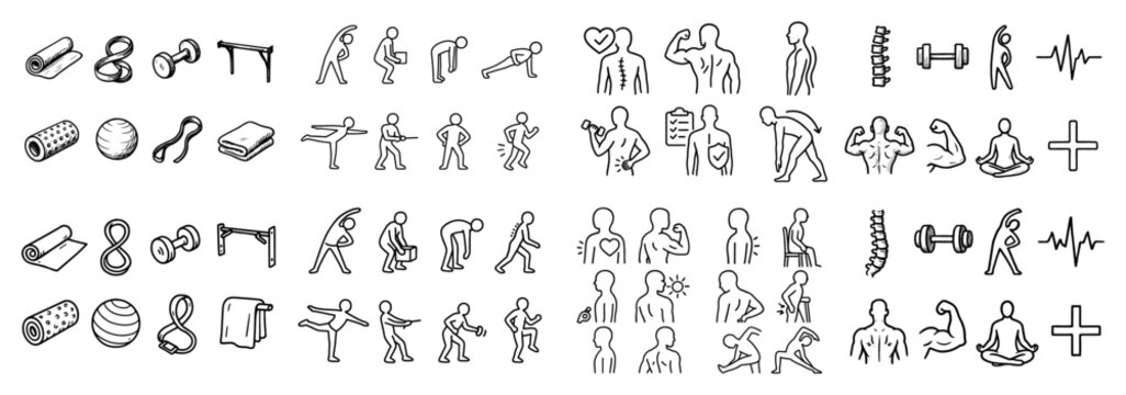 Fitness icons with mat dumbbell person outline