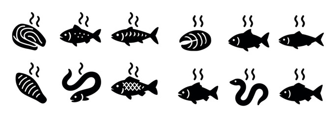 Fototapeta premium Seafood icons with fish eel steak minimal