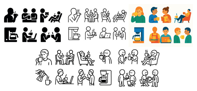 Business meeting icons with people coffee laptop flat