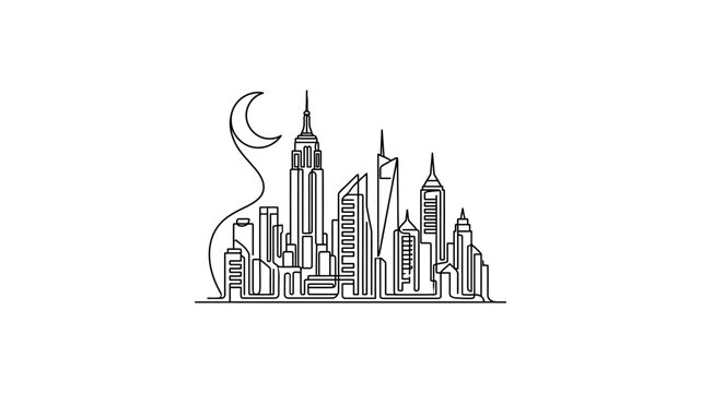 Cityscape with skyscrapers and moon.