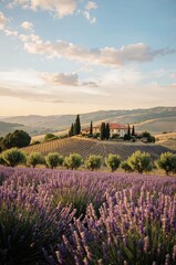 Fototapeta premium Lavender Fields Surround a House on a Hillside During Sunset in a Rural Landscape