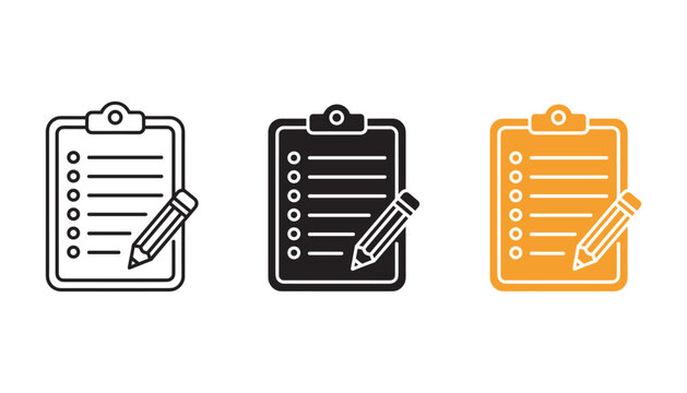Clipboard with checklist and pencil vector icons in linear solid and orange styles for task management and project planning or professional administrative organization and workflow tracking tools
