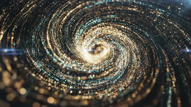 Abstract swirling vortex of golden and cyan glitter particles with a bright central glow and bokeh effects creating a cosmic or magical background