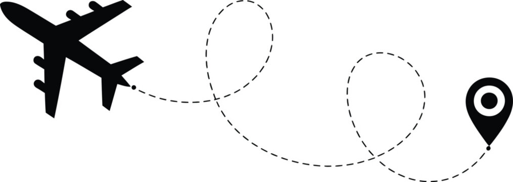 Airplane flight, path icons, dotted travel routes, aircraft silhouettes, departure and arrival points, aviation navigation, route line symbols.