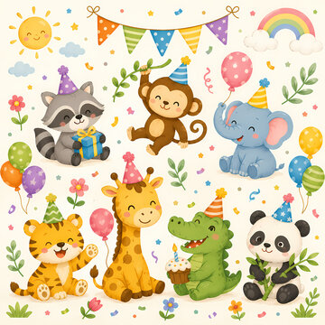 Cute pixel art animals celebrating a birthday party set