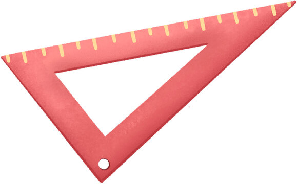 Textured Pastel Red Triangle Ruler Clipart on Transparent Background for Kids. Hand-drawn Illustration Perfect for Back-to-school Templates, Math Worksheets, and Nursery Art.