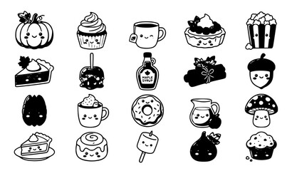 Fototapeta premium Cute Autumn Food Characters Vector Collection with Pumpkin Tea and Muffin
