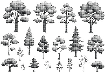 Collection of diverse trees in halftone dot style, including deciduous and coniferous types, on a transparent background. © Ontora