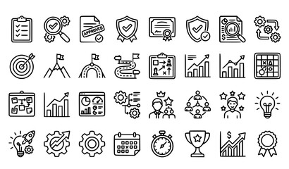 Fototapeta premium Professional Best Practices Outline Icon Collection Editable Stroke Thin Line Vector for Business Infographics