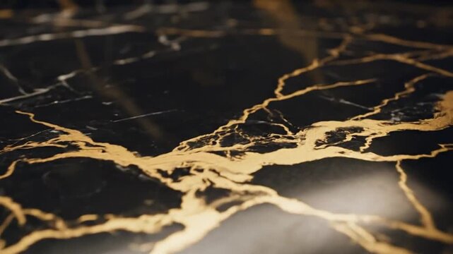 Close up of a black marble surface with intricate veins of shimmering gold creating a rich and texture with a shallow depth of field