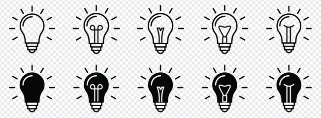 Lightbulb Icon Set. Bulb lamp icon in thin flat style. Electric lamp, light, innovation. Idea light bulb icon vector illustration. Creative concept symbol for apps. © Quirk Craft Studio