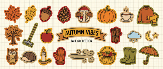 Autumn vibes scrapbook sticker set vector illustration with fall leaves pumpkin acorn mushroom and cozy season icons © Salam Studio