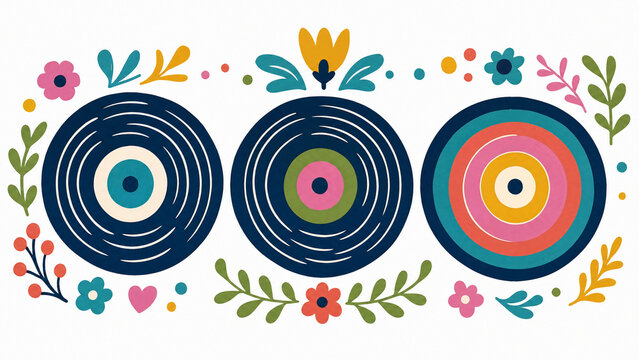 Three stylized vinyl records with colorful floral ornaments on white background, retro nostalgia