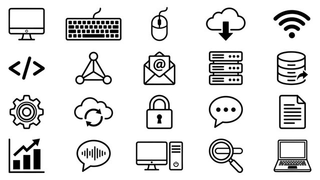 Technology and computing computer, keyboard, mouse, cloud download, wi fi, code, network, email