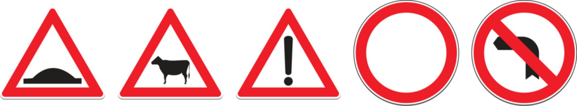 Set of five road warning traffic signs