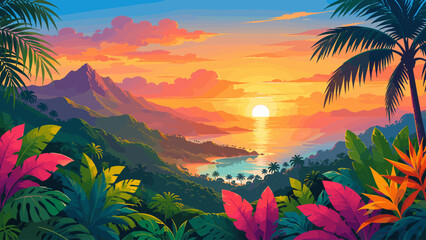 Obraz premium Colorful tropical sunset landscape with layered leaves and mountains, sunset, tropical, landscape, leaves, mountains, orange, pink