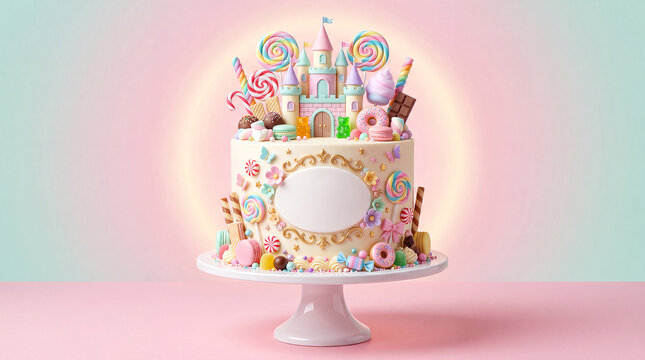 Colorful pastel candy castle cake decorated with lollipops macarons and a blank plaque for text against a gradient background