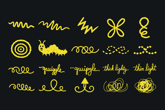 Hand drawn yellow scribbles and doodles on black background vector illustration for design.