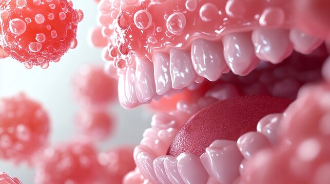 Close-up view reveals a lively scene of colorful cells interacting in a mouth setting, showcasing a fascinating blend of textures and vibrant details that captivate the senses