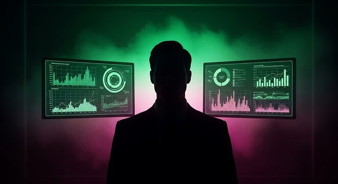 Silhouette of a man looking at digital data charts on computer screens