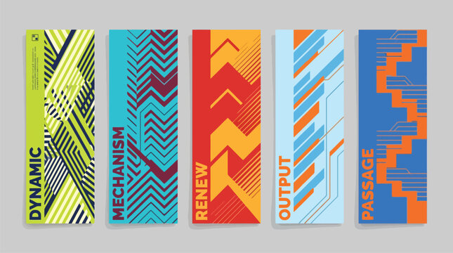 Abstract geometric banner set with dynamic patterns, colorful vertical bookmark templates, modern graphic layouts for web and print media