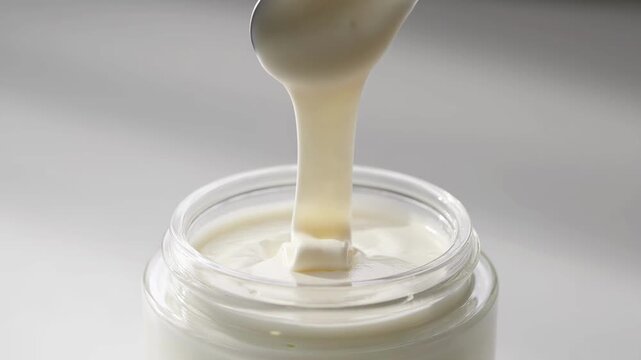 Luxurious white cream with rich, velvety texture lifted by a polished glass spatula, showcasing smooth, elastic consistency in a clean, minimalist setting. Skincare cosmetic footage