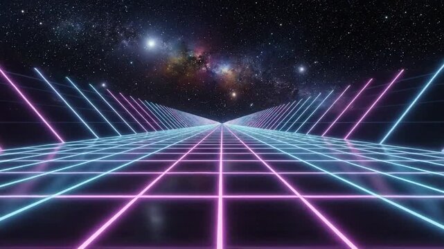 Futuristic digital landscape with a glowing neon grid stretching into the distance under a starry night sky with a colorful nebula, featuring vibrant pink and cyan lines creating a