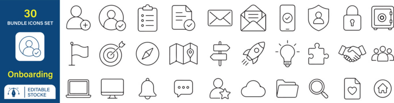 Onboarding-Vector Outline Icons Set, Modern Minimalist UI UX Line Icon Collection, Editable Black Monoline Symbols for Mobile App, Website, Registration, EPS AI Vector