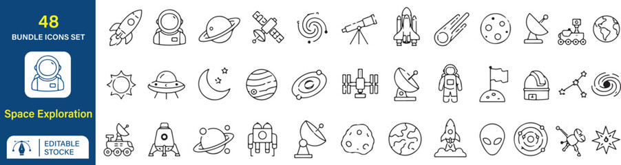 Space Exploration Vector Outline Icons Set – Editable Astronomy, Space Mission, Rocket, Satellite and Cosmic Discovery Line Symbols Collection © MdShah
