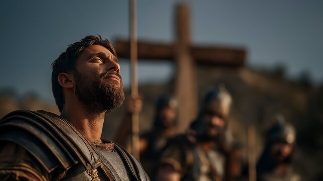 As the Roman soldier looks toward the cross, the moment reveals that truth can transform even the hardest heart through faith and humility.
