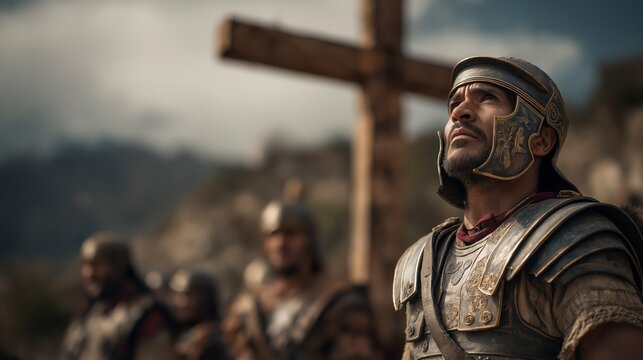 As the Roman soldier looks toward the cross, the moment reveals that truth can transform even the hardest heart through faith and humility.
