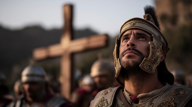 As the Roman soldier looks toward the cross, the moment reveals that truth can transform even the hardest heart through faith and humility.
