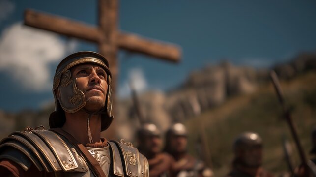 As the Roman soldier looks toward the cross, the moment reveals that truth can transform even the hardest heart through faith and humility.
