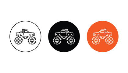 Detailed monster truck vehicle icon set featuring outline solid and orange circular designs for automotive and off-road racing branding projects and digital transportation graphic applications © TARU STOCKPLC