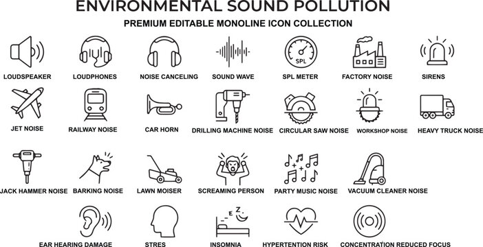 Environmental Sound Pollution Premium Editable Monoline Icon Collection Minimal Outline Noise Awareness Vector Set For Health, Safety, Infographics, Web, Mobile Apps, And Educational Design
