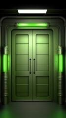Fototapeta premium Green door stands at the end of a dark hallway with glowing lights around the frame