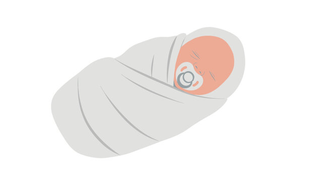 Swaddled newborn baby sleeping peacefully with a pacifier in its mouth, wrapped in a soft white infant blanket.