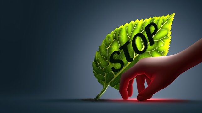 Hand reaches for leaf with stop sign in dark setting to promote nature awareness
